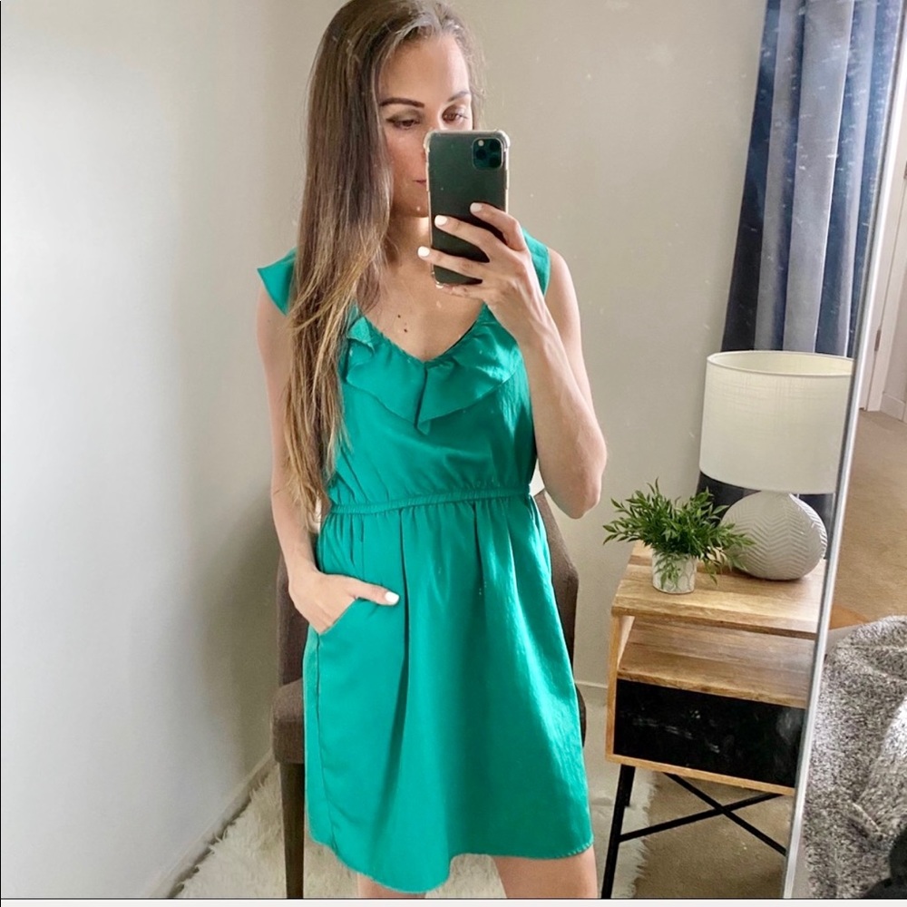 Kirra V-Neck Ruffle Cutout Green Pocket Mini Dress